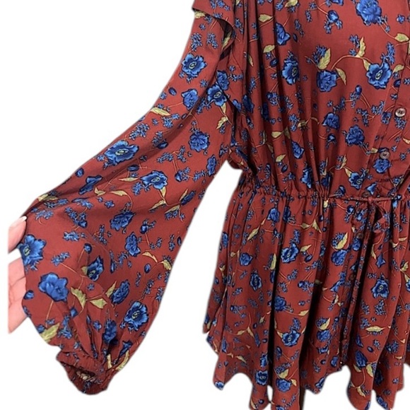 Free People Flower Fields Mini Dress Burgundy Ballon Sleeves Ruffles Boho Small - Picture 4 of 14